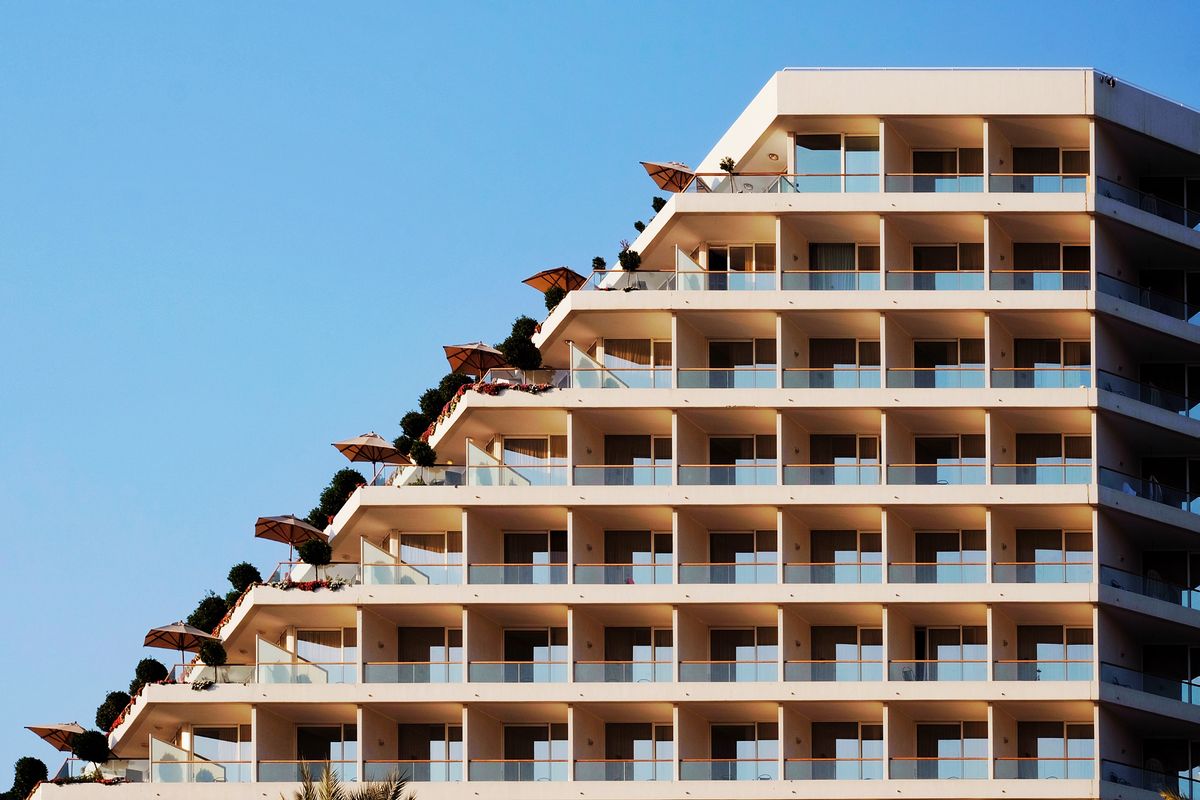 Modern hotel exterior near a convention venue